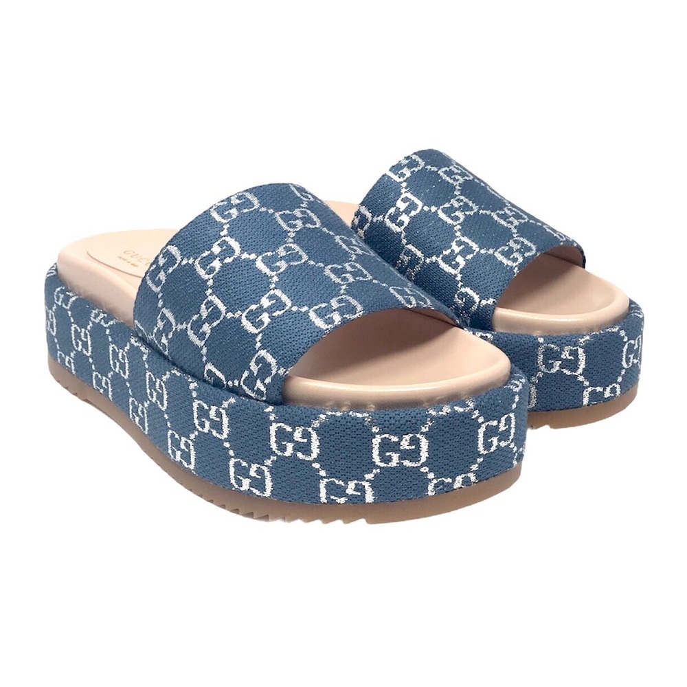 Brand New Gucci Light GG Lame Blue Slide Sandal